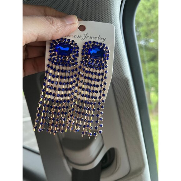 royal blue earrings , long fringe blue crystal long chandelier gold earrings - Picture 4 of 6